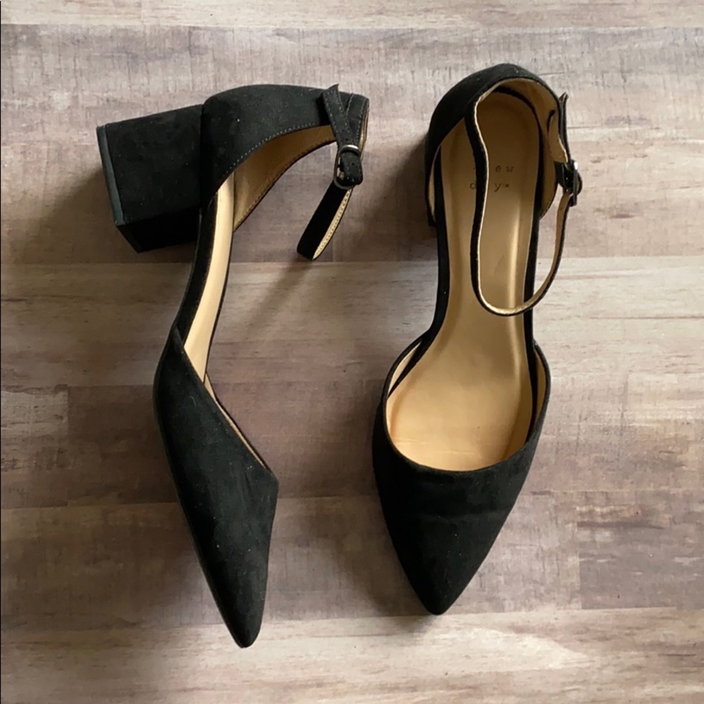 Black faux suede ankle strap heels